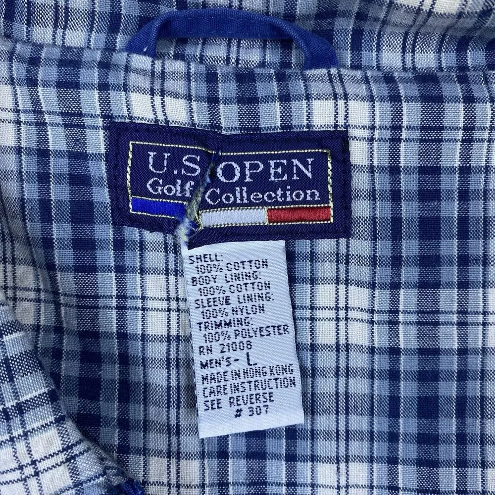 Vtg US Open Men's Harrington Jacket Golf Collection Blue Plaid Lined Zip Up Sz L
